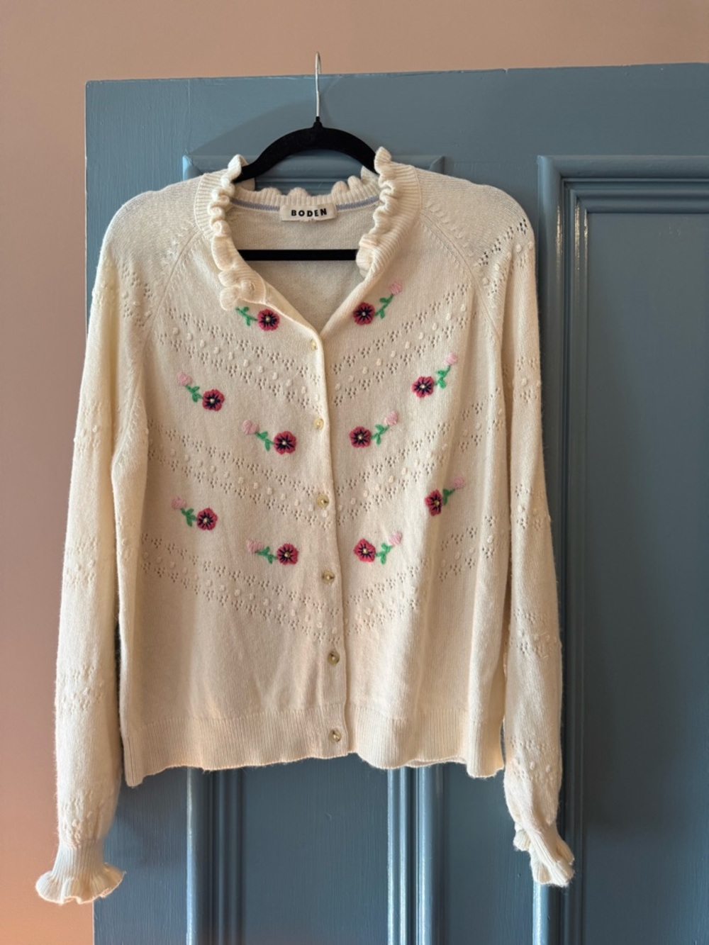 Boden Cream Cardigan with Pink Floral Embroidery